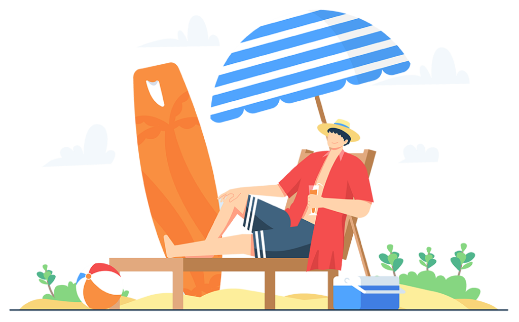 Illustration von einem Mann in den Betriebsferien, auf einem Liegestuhl mit Sonnenschirm und Surfbrett.